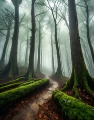 Dense forest enveloped in thick fog, with trees shrouded in mist and mysterious