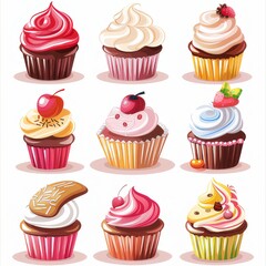 Clip art illustration with various cupcakes. on a white background