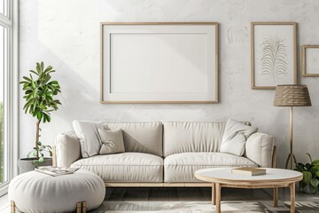 Empty photo frame mockup in modern living room interior design with sofa, table, white background