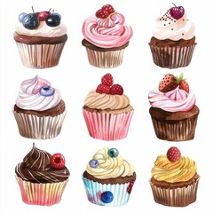 Clip art illustration with various cupcakes. on a white background
