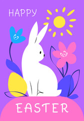 Happy Easter greeting card with white rabbit, eggs, sun and flowers on lilac background. Vector illustration in modern minimalist flat style. Bright design template with handwritten lettering