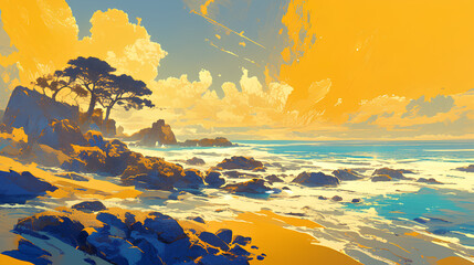 Illustrated view of a beach with yellow skies on a rocky island