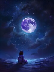 Moon and its light emanating from a starry sky. Bestowing comfort on a child figure sitting on the ground. Light and dark , calm and serene . Mystical Generative AI