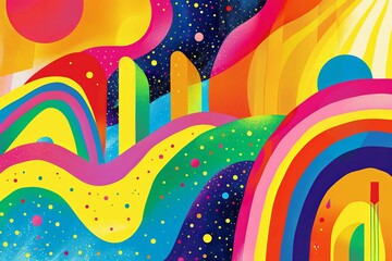 Colorful illustration with rainbow shapes on bright colorful background. 