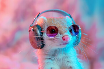 Portrait of weasel with headphones on 
