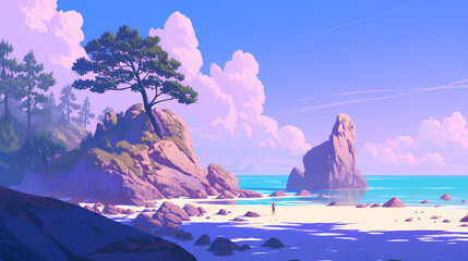 Illustrated view of a beach with purple skies on a rocky island
