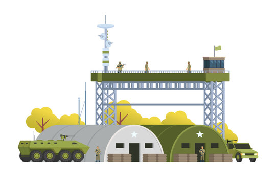 military base scene with soldiers and vehicles clip art preview