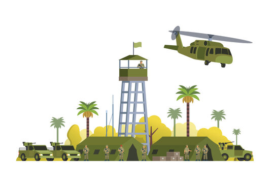 military base scene with helicopter and soldiers clip art preview