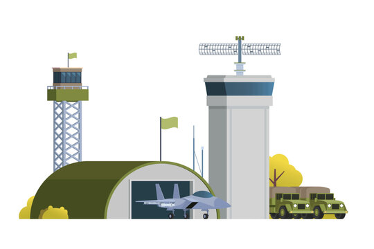 military airbase scene with jet and vehicles clip art preview