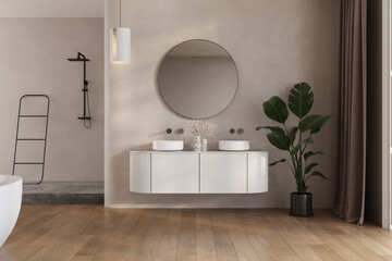 Beige bathroom interior with double sink and mirror, hardwood floor, bathtub, shower, plants. Bathing accessories and window in hotel studio.