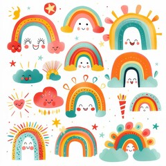 A collage illustration with a cute rainbow. on a white background
