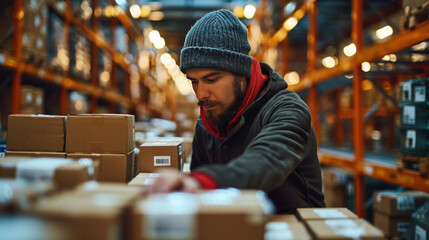 A logistics worker preparing goods for shipment in a large fulfillment centre. - obrazy, fototapety, plakaty