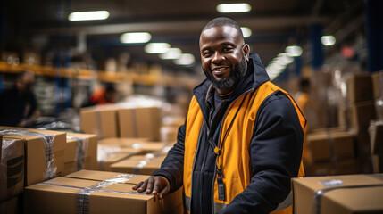 Fototapeta premium A logistics worker preparing goods for shipment in a large fulfillment centre.