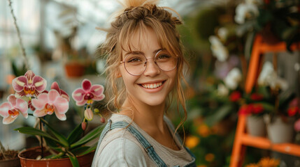 A young smiling woman gardener in glasses wearing overalls, taking care for orchid in old red milk...