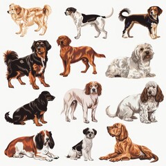 Obraz premium Clipart illustration featuring various dogs on a white background