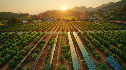 Aerial view of the solar photovoltaic panels and agricultural planting temperature shed.