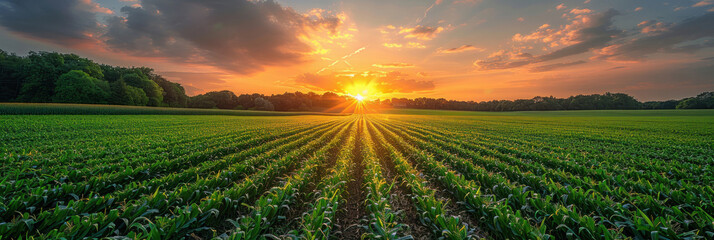 Agriculture, Green field with young corn at sunset.