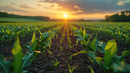 Agriculture, Green field with young corn at sunset.