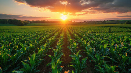 Agriculture, Green field with young corn at sunset. - obrazy, fototapety, plakaty
