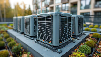 Air condenser unit located on roof deck building to heat released transferred to surrounding environment, Compressor is part of cooling function and air conditioning HVAC systems.