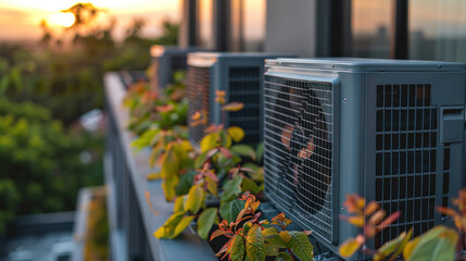 Air condenser unit located on roof deck building to heat released transferred to surrounding environment, Compressor is part of cooling function and air conditioning HVAC systems. - obrazy, fototapety, plakaty