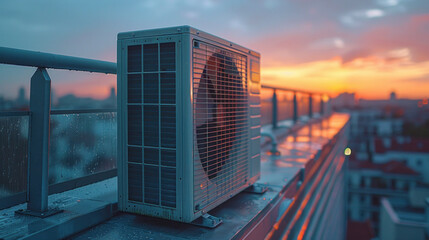 Air condenser unit located on roof deck building to heat released transferred to surrounding environment, Compressor is part of cooling function and air conditioning HVAC systems. - obrazy, fototapety, plakaty
