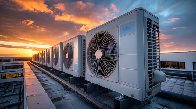 Air condenser unit located on roof deck building to heat released transferred to surrounding environment, Compressor is part of cooling function and air conditioning HVAC systems.