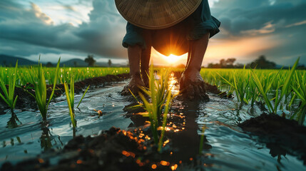 Asian farmer grow rice in the rainy season. They were soaked with water and mud to be prepared for...