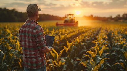 Asian young farmer with laptop standing in corn field, tractor and combine harvester working in corn field in background.