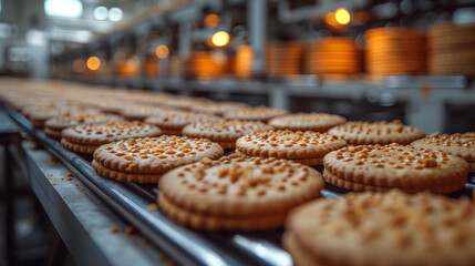 Automatic bakery production line with sweet cookies on conveyor belt equipment machinery in confectionary factory workshop.