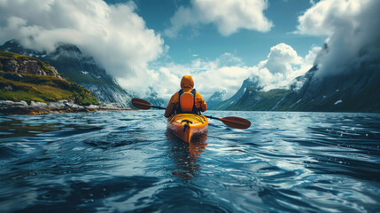 Backward view of traveler kayaking in the ocean. - obrazy, fototapety, plakaty