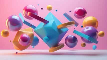 colorful 3d shapes floating, on a white background