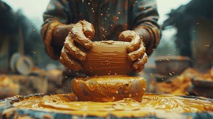 Close up hand of A man making vessel of white clay in fast moving circle. Sculpts in clay pot. - obrazy, fototapety, plakaty