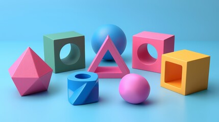 colorful 3d shapes floating, on a white background