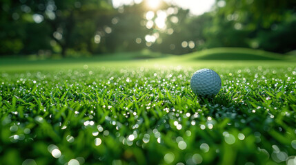 Close up of Golf club and ball in grass. - obrazy, fototapety, plakaty