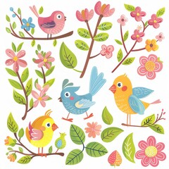 Fototapeta premium Illustration of clip art with various symbols. of the first day of spring on a white background