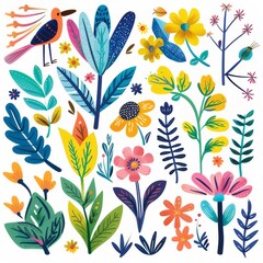 Illustration of clip art with various symbols. of the first day of spring on a white background