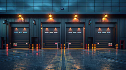 Empty of Hangar or industrial building. Protection with security door or roller shutter or overhead door. Interior design with concrete floor.