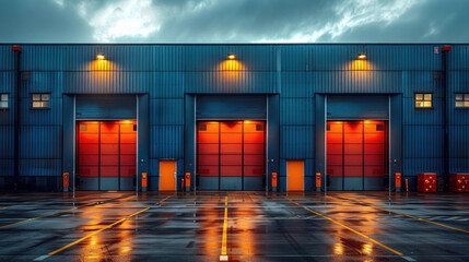 Industrial of commercial building exterior. Use as factory, warehouse, store and workplace. Safety and protection with roller door, roller shutter or overhead door. - obrazy, fototapety, plakaty