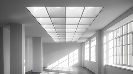 Interior modern building of Office ceiling in perspective with white texture of acoustic gypsum plasterboard, lighting fixtures or fluorescent panel light suspended on square grid structure. - obrazy, fototapety, plakaty