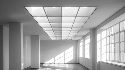 Fotobehang Interior modern building of Office ceiling in perspective with white texture of acoustic gypsum plasterboard, lighting fixtures or fluorescent panel light suspended on square grid structure. © tong2530