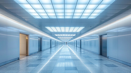 Interior modern building of Office ceiling in perspective with white texture of acoustic gypsum plasterboard, lighting fixtures or fluorescent panel light suspended on square grid structure.