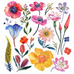 A clipart illustration with various types of flowers on a white background.