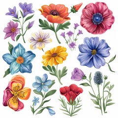 Obraz premium A clipart illustration with various types of flowers on a white background.