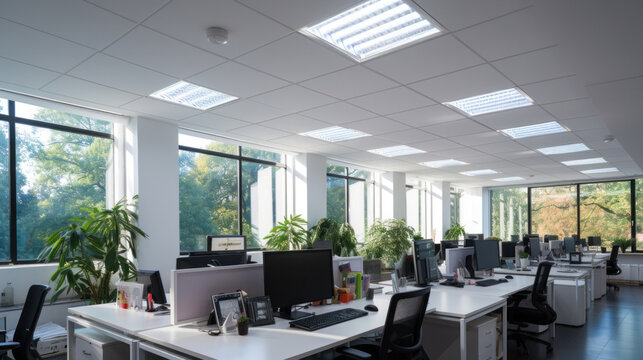 Interior modern building of Office ceiling in perspective with white texture of acoustic gypsum plasterboard, lighting fixtures or fluorescent panel light suspended on square grid structure.