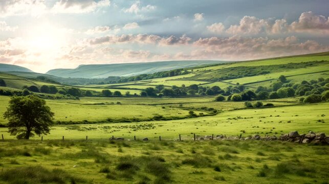 a picture of grassy hills and green fields. seamless looping time-lapse virtual 4k video animation background