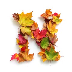 Alphabet of Nature: Letter N Composed of Fresh Multicolored Autumn Leaves on White Background