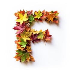 Naklejka na ściany i meble Alphabet of Nature: Letter F Composed of Fresh Multicolored Autumn Leaves on White Background