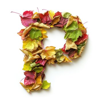 Alphabet of Nature: Letter P Composed of Fresh Multicolored Autumn Leaves on White Background