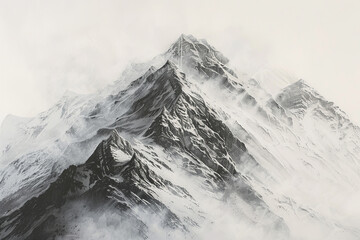 A monotone painting of snowcap mountains